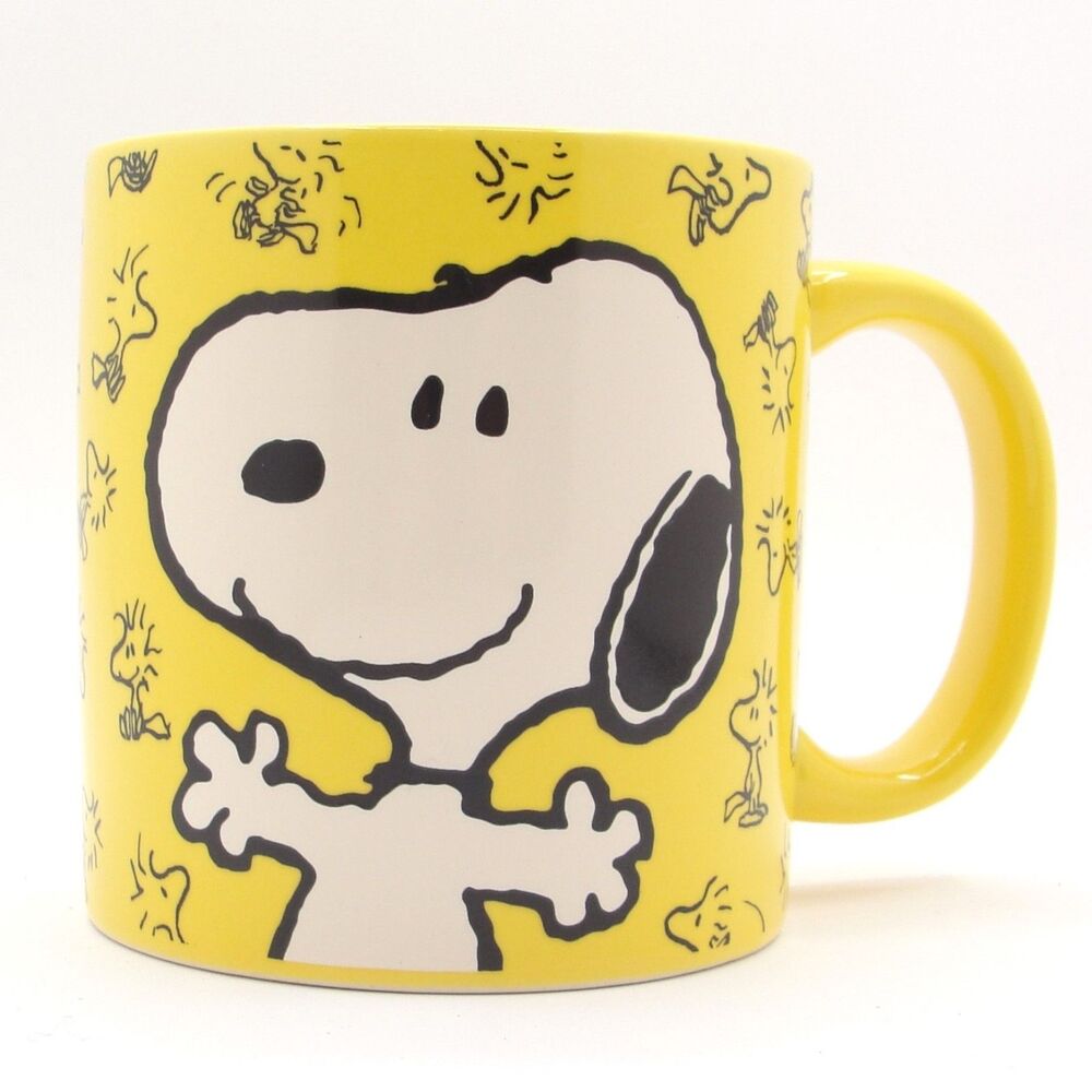 Vintage Peanuts Snoopy Woodstock Ceramic Coffee Tea Mug Cup Yellow Large 16 oz